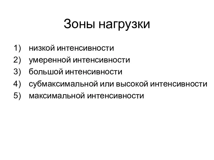 Зоны нагрузки низкой интенсивности умеренной интенсивности большой интенсивности субмаксимальной или высокой интенсивности максимальной интенсивности