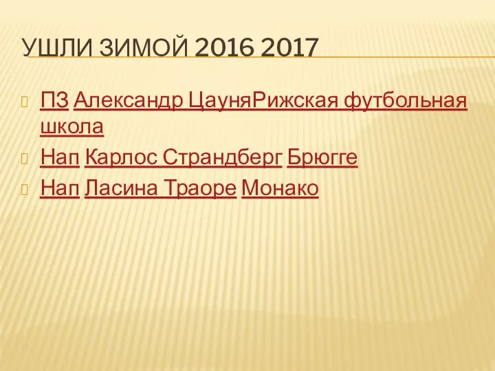 УШЛИ ЗИМОЙ 2016 2017 ПЗ Александр ЦауняРижская футбольная школа Нап Карлос