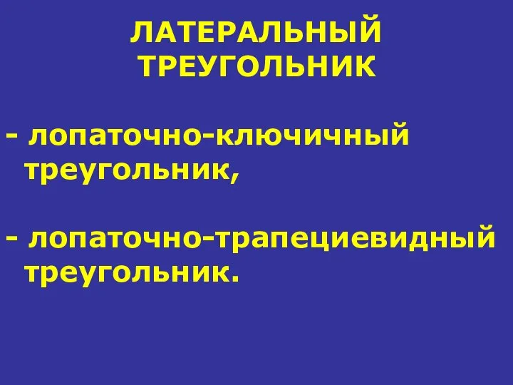 ЛАТЕРАЛЬНЫЙ ТРЕУГОЛЬНИК - лопаточно-ключичный треугольник, - лопаточно-трапециевидный треугольник.