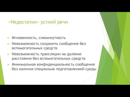 «Недостатки» устной речи Мгновенность, сиюминутность Невозможность сохранить сообщение без вспомогательных средств