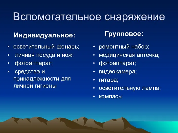 Вспомогательное снаряжение Индивидуальное: осветительный фонарь; личная посуда и нож; фотоаппарат; средства