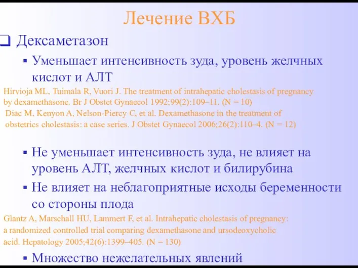 Лечение ВХБ Дексаметазон Уменьшает интенсивность зуда, уровень желчных кислот и АЛТ