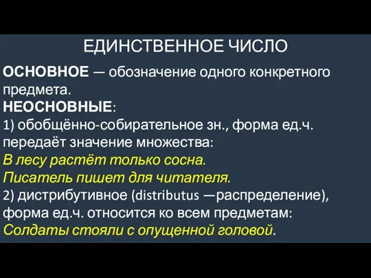 ЕДИНСТВЕННОЕ ЧИСЛО ОСНОВНОЕ — обозначение одного конкретного предмета. НЕОСНОВНЫЕ: 1) обобщённо-собирательное