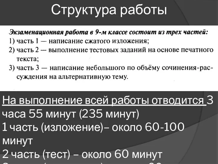 Структура работы На выполнение всей работы отводится 3 часа 55 минут