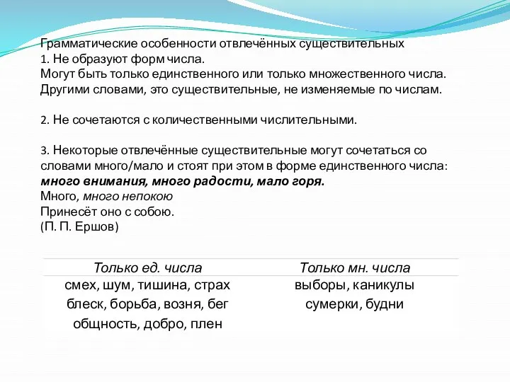 Грамматические особенности отвлечённых существительных 1. Не образуют форм числа. Могут быть