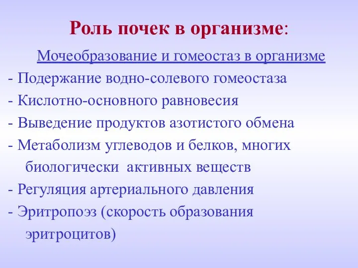 Роль почек в организме: Мочеобразование и гомеостаз в организме Подержание водно-солевого