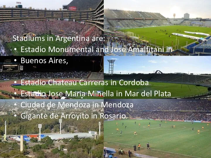 Stadiums in Argentina are: Estadio Monumental and Jose Amalfitani in Buenos