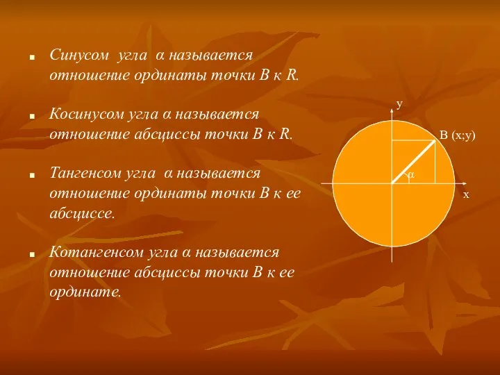 Синусом угла α называется отношение ординаты точки В к R. R