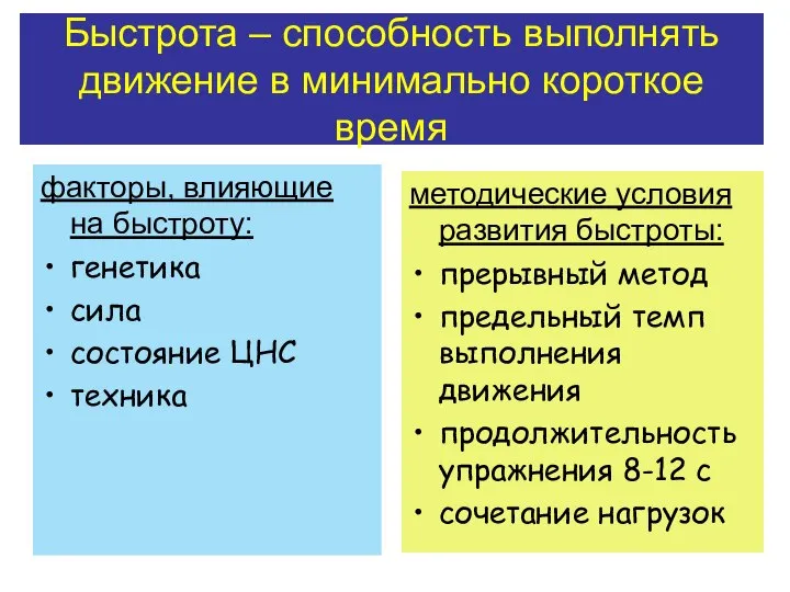 Быстрота – способность выполнять движение в минимально короткое время факторы, влияющие