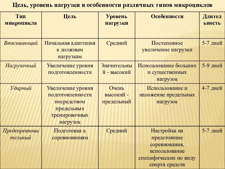 Цель, уровень нагрузки и особенности различных типов микроциклов