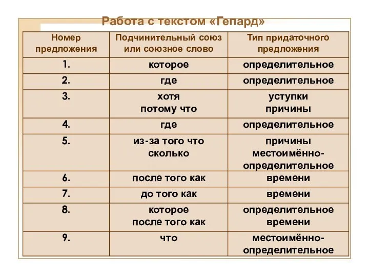 Работа с текстом «Гепард» местоимённо-определительное что 9. определительное времени которое после