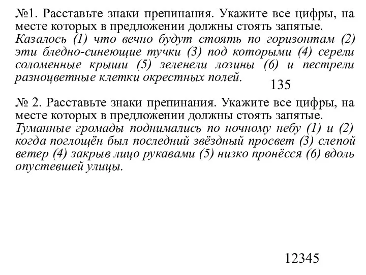 №1. Расставьте знаки препинания. Укажите все цифры, на месте которых в