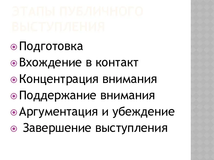 ЭТАПЫ ПУБЛИЧНОГО ВЫСТУПЛЕНИЯ Подготовка Вхождение в контакт Концентрация внимания Поддержание внимания Аргументация и убеждение Завершение выступления