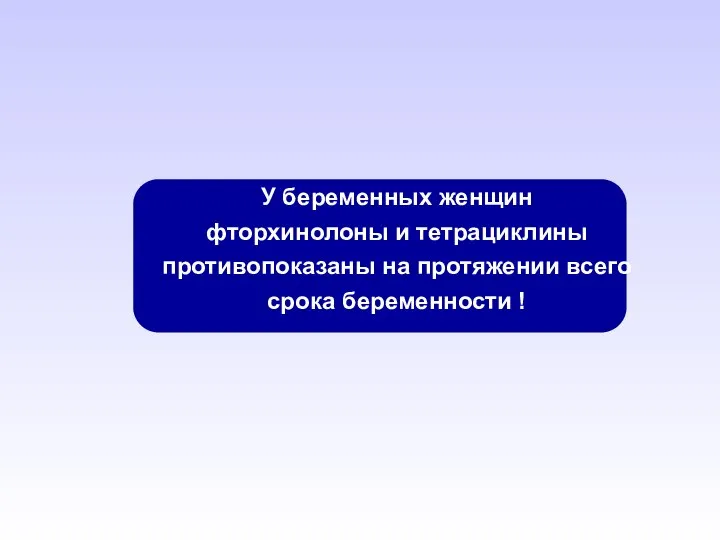 У беременных женщин фторхинолоны и тетрациклины противопоказаны на протяжении всего срока беременности !