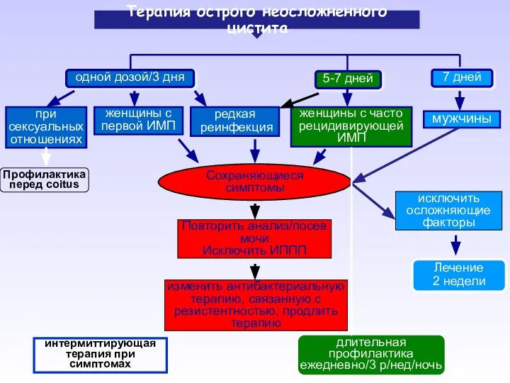 Терапия острого неосложненного цистита одной дозой/3 дня 5-7 дней 7 дней