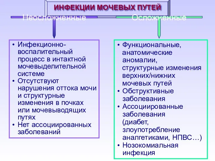 ИНФЕКЦИИ МОЧЕВЫХ ПУТЕЙ Неосложненные Инфекционно-воспалительный процесс в интактной мочевыделительной системе Отсутствуют