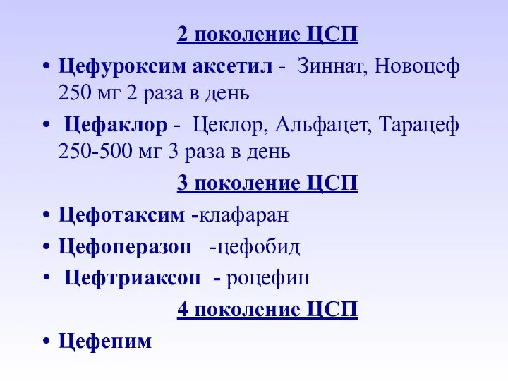 2 поколение ЦСП Цефуроксим аксетил - Зиннат, Новоцеф 250 мг 2