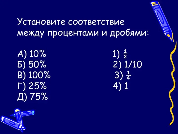 Установите соответствие между процентами и дробями: А) 10% 1) ½ Б)