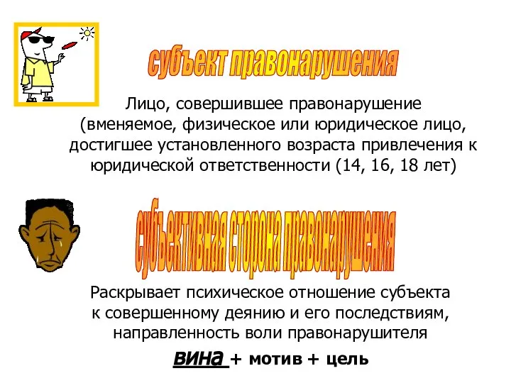 субъект правонарушения Лицо, совершившее правонарушение (вменяемое, физическое или юридическое лицо, достигшее