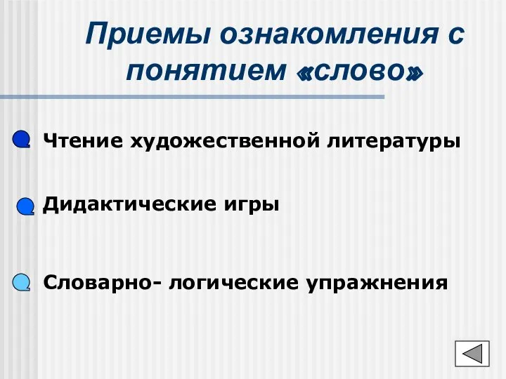 Приемы ознакомления с понятием «слово» Чтение художественной литературы Дидактические игры Словарно- логические упражнения