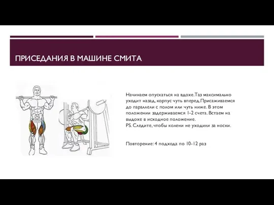 ПРИСЕДАНИЯ В МАШИНЕ СМИТА Начинаем опускаться на вдохе.Таз максимально уходит назад,