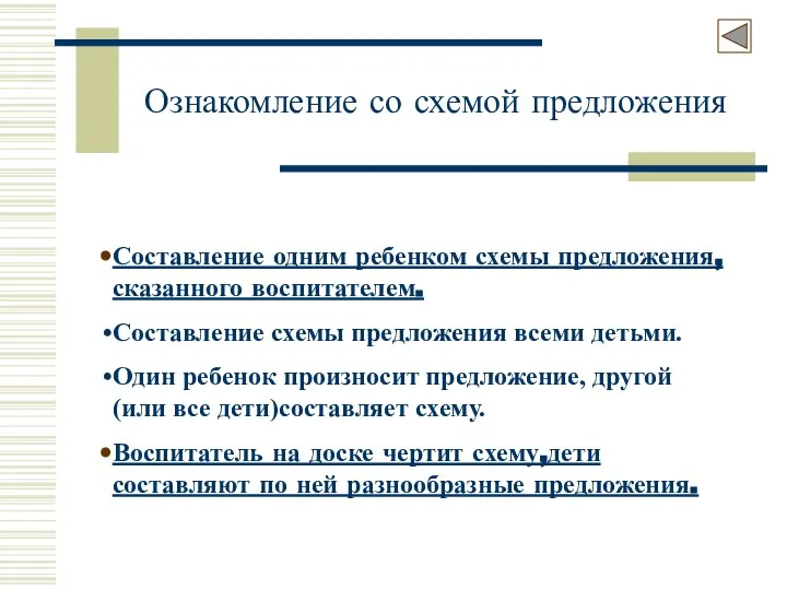 Ознакомление со схемой предложения Составление одним ребенком схемы предложения, сказанного воспитателем.