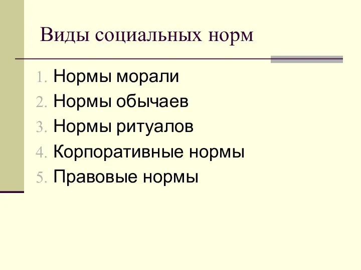 Виды социальных норм Нормы морали Нормы обычаев Нормы ритуалов Корпоративные нормы Правовые нормы