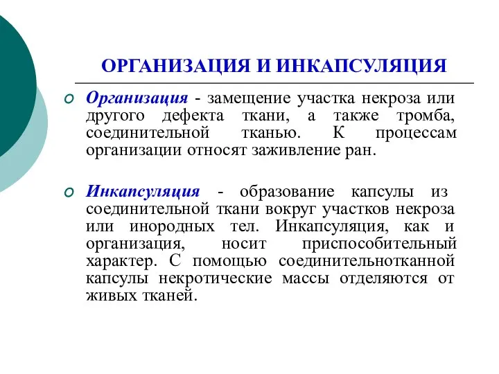 ОРГАНИЗАЦИЯ И ИНКАПСУЛЯЦИЯ Организация - замещение участка некроза или другого дефекта