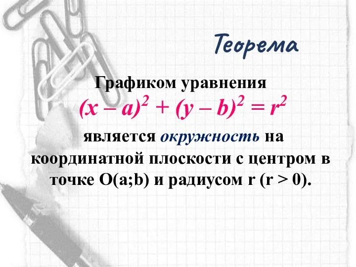 Теорема Графиком уравнения (х – а)2 + (у – b)2 =