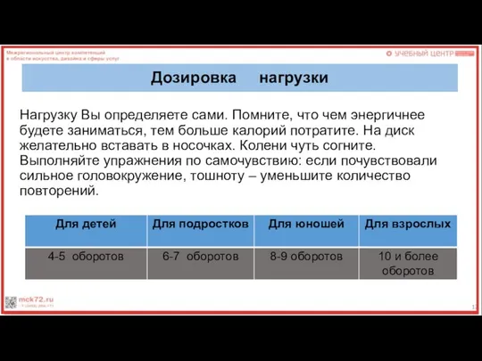 Дозировка нагрузки Нагрузку Вы определяете сами. Помните, что чем энергичнее будете