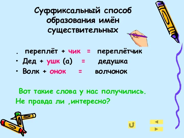 Суффиксальный способ образования имён существительных . переплёт + чик = переплётчик