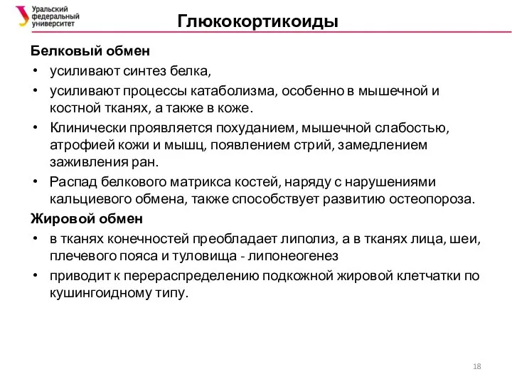 Глюкокортикоиды Белковый обмен усиливают синтез белка, усиливают процессы катаболизма, особенно в