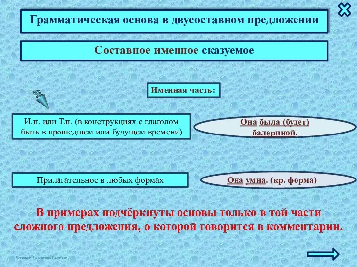 Грамматическая основа в двусоставном предложении Составное именное сказуемое Она была (будет)