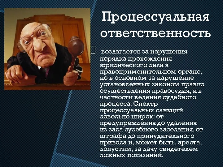 Процессуальная ответственность возлагается за нарушения порядка прохождения юридического дела в правоприменительном