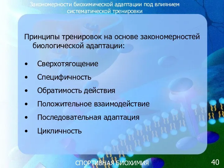 СПОРТИВНАЯ БИОХИМИЯ Принципы тренировок на основе закономерностей биологической адаптации: Сверхотягощение Специфичность