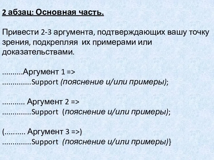 2 абзац: Основная часть. Привести 2-3 аргумента, подтверждающих вашу точку зрения,