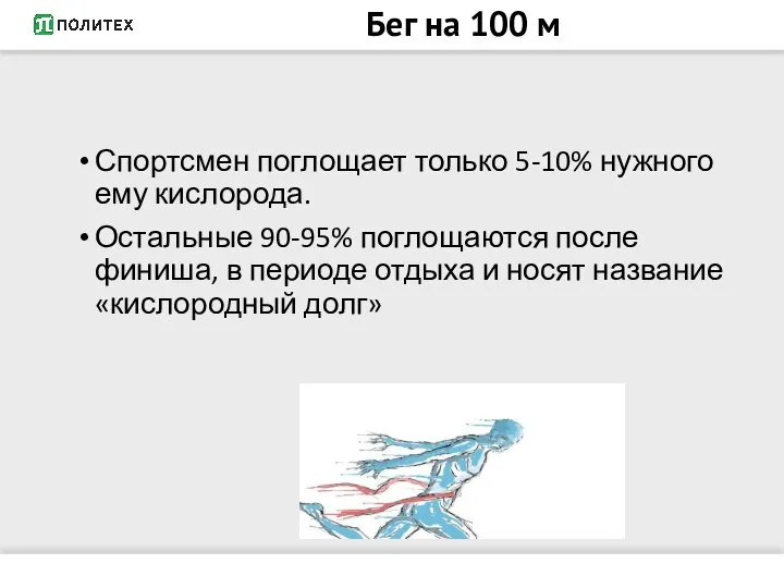 Бег на 100 м Спортсмен поглощает только 5-10% нужного ему кислорода.