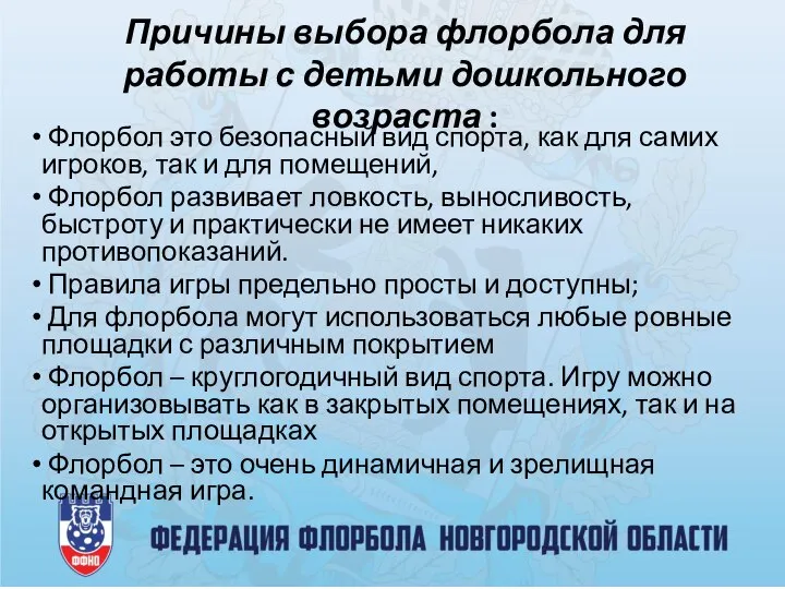 Причины выбора флорбола для работы с детьми дошкольного возраста : Флорбол