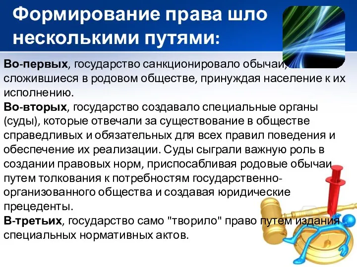 Формирование права шло несколькими путями: Во-первых, государство санкционировало обычаи, сложившиеся в