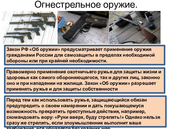 Огнестрельное оружие. Закон РФ «Об оружии» предусматривает применение оружия гражданами России