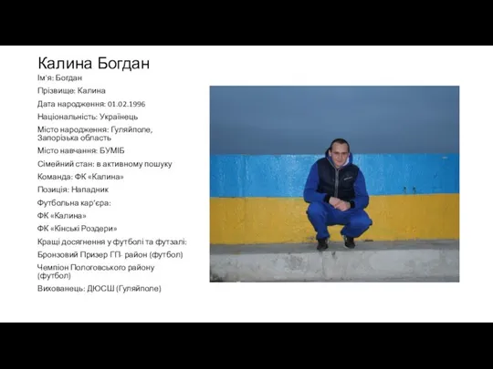 Калина Богдан Ім'я: Богдан Прізвище: Калина Дата народження: 01.02.1996 Національність: Українець