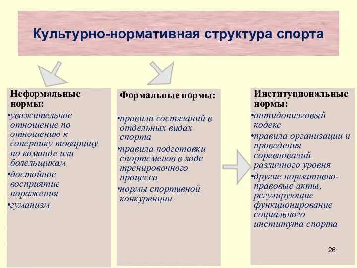 Культурно-нормативная структура спорта Неформальные нормы: уважительное отношение по отношению к сопернику