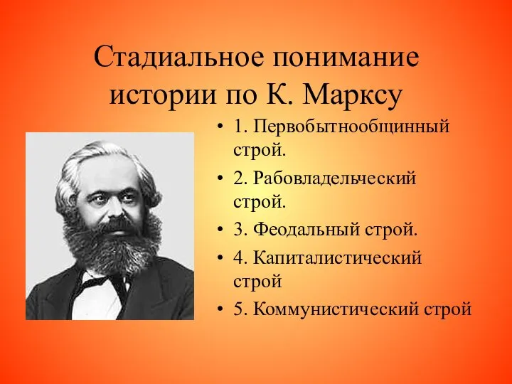 Стадиальное понимание истории по К. Марксу 1. Первобытнообщинный строй. 2. Рабовладельческий
