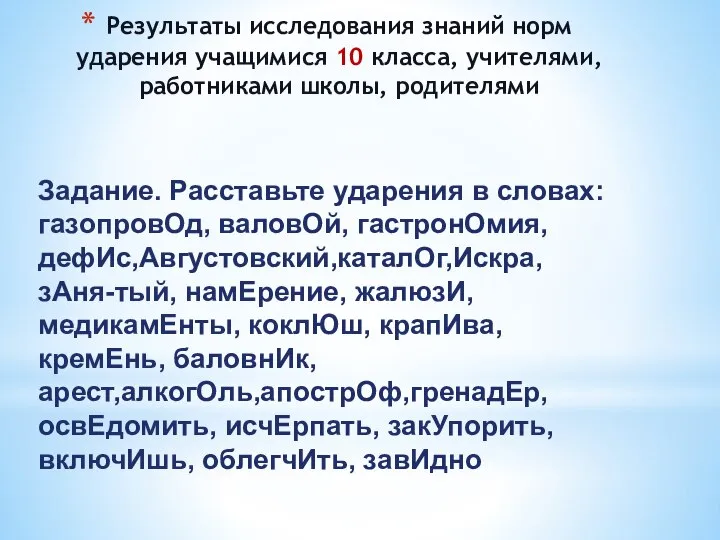 Результаты исследования знаний норм ударения учащимися 10 класса, учителями, работниками школы,