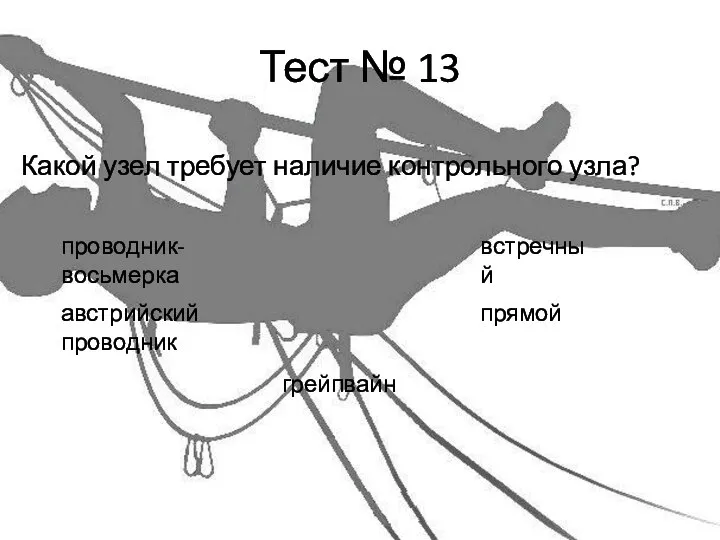 Тест № 13 Какой узел требует наличие контрольного узла? проводник-восьмерка австрийский проводник грейпвайн встречный прямой