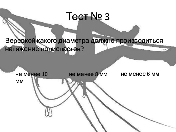 Тест № 3 Веревкой какого диаметра должно производиться натяжение полиспастов? не