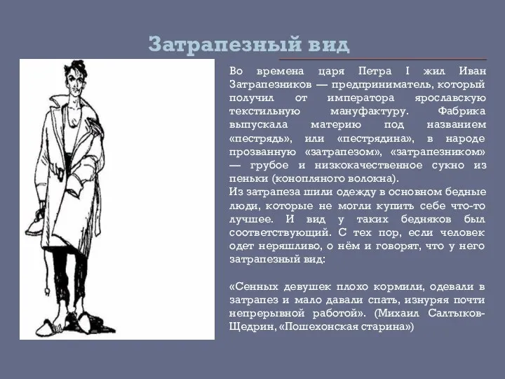 Затрапезный вид Во времена царя Петра I жил Иван Затрапезников —