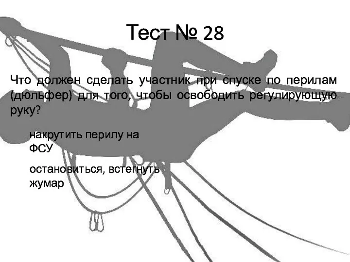 Тест № 28 Что должен сделать участник при спуске по перилам