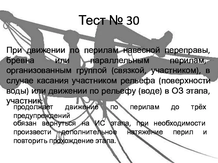 Тест № 30 При движении по перилам навесной переправы, бревна или