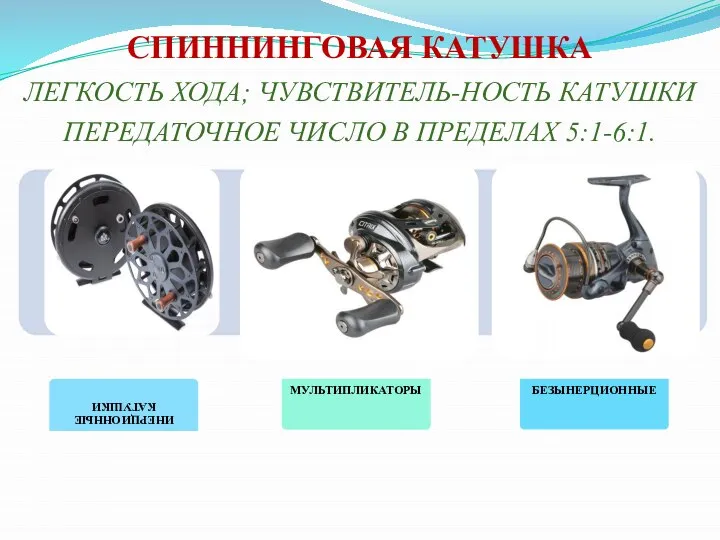 СПИННИНГОВАЯ КАТУШКА ЛЕГКОСТЬ ХОДА; ЧУВСТВИТЕЛЬ-НОСТЬ КАТУШКИ ПЕРЕДАТОЧНОЕ ЧИСЛО В ПРЕДЕЛАХ 5:1-6:1.